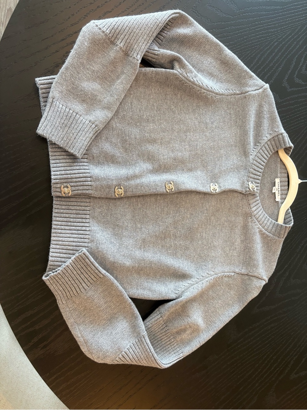 ** designer inspired** Gray Button-Front Knit Cardigan with Logo Buttons